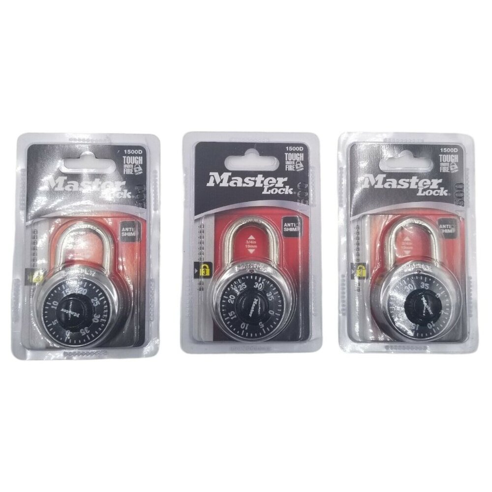 3X‎ Master Lock Anti-Shim 3-Digit Combination Padlock 1500D Black Lock 1-7/8 in